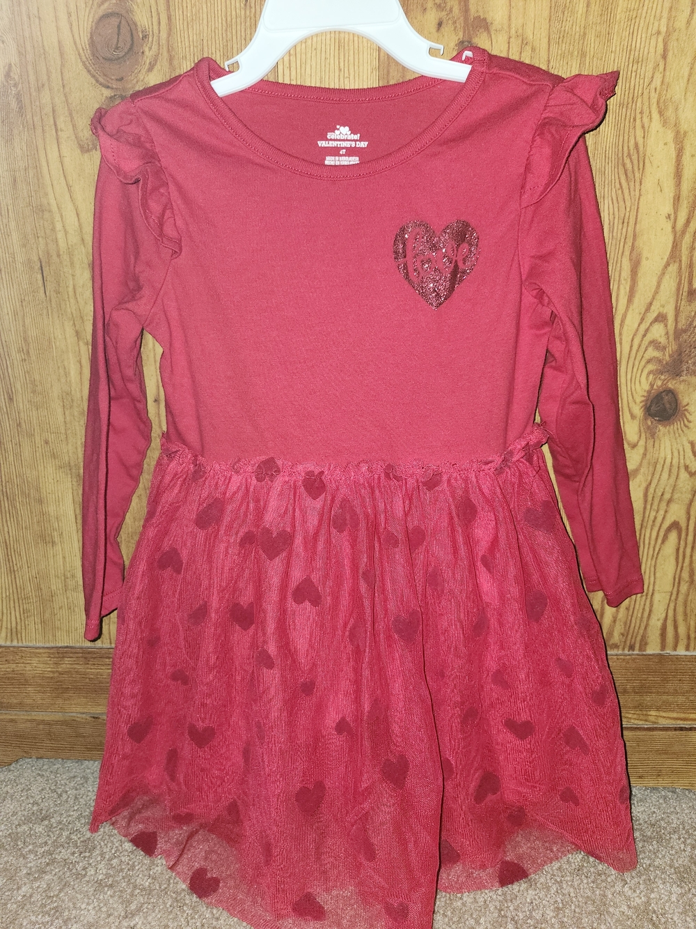 Girls Red Heart Tulle Party Dress with Long Sleeves